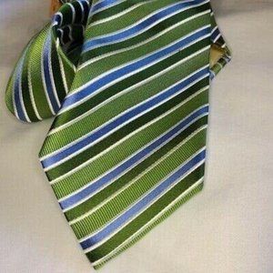 Countess Mara Mens Tie Green Blue Striped Pattern 100% Silk Handmade Necktie
